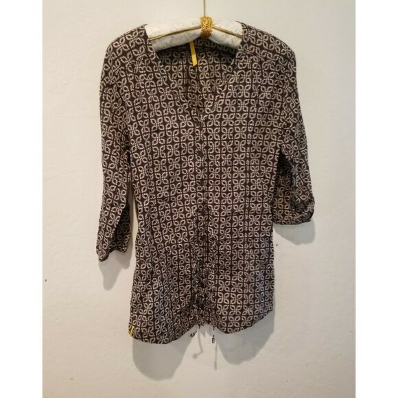 Lole Women's Small Brown White Printed Button Front 3/4 Sleeve Top Tie-Front - Picture 1 of 6